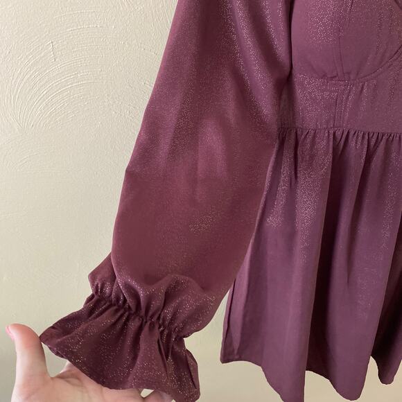 Allison & Kelly Poet Sleeve Sweetheart Neck Burgundy Gold Shimmer Mini Dress M - Picture 4 of 12